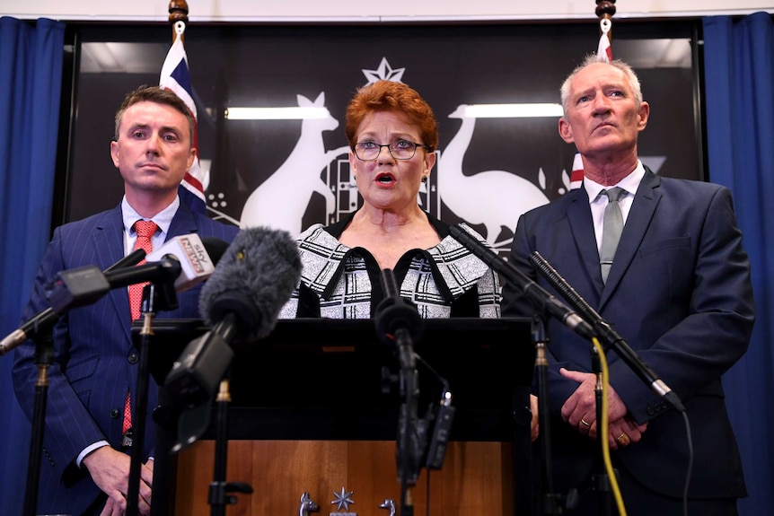 Blank-faced, James Ashby and Steve Dickson flank Pauline Hanson as she speaks at a lectern with microphones in front.