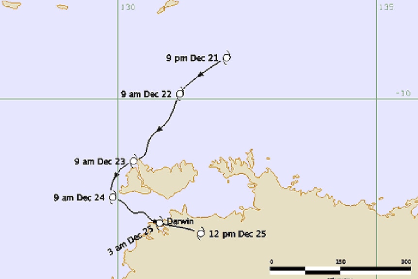 A map showing the track Cyclone Tracy took north of Darwin.