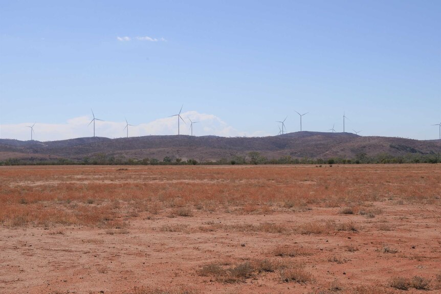 Le paysage des plaines de Mundi Mundi, près de Silverton, avec des éoliennes en arrière-plan