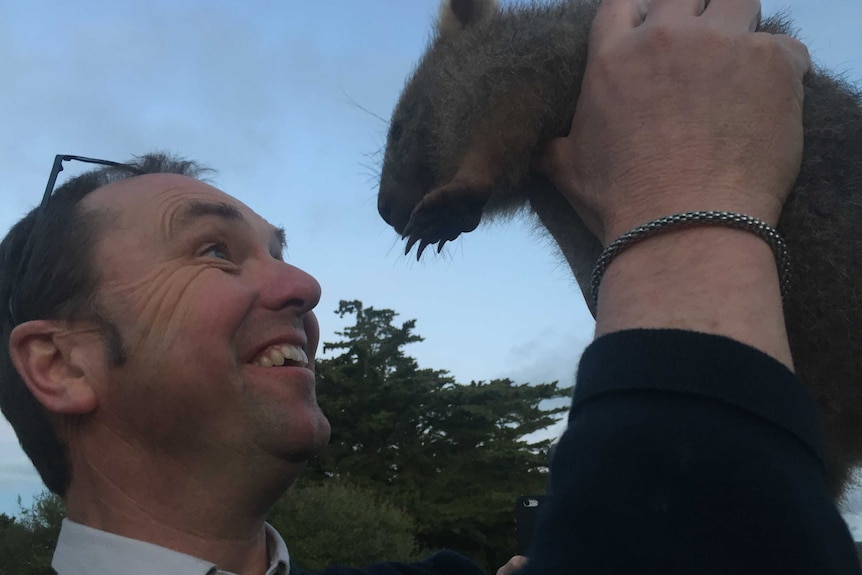 Landline cameraman Peter Curtis holding a wombat.