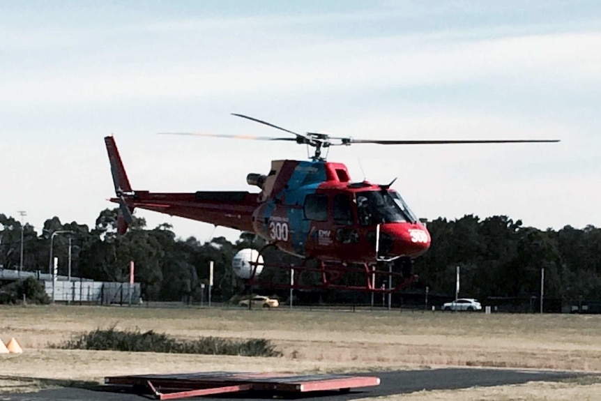 The Firebird 300 helicopter, taking off from Moorabbin Airport.