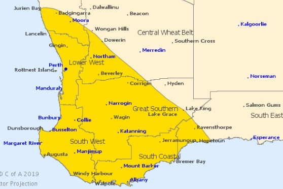 A map showing a yellow-shaded area of WA where a severe weather warning has been issued for.