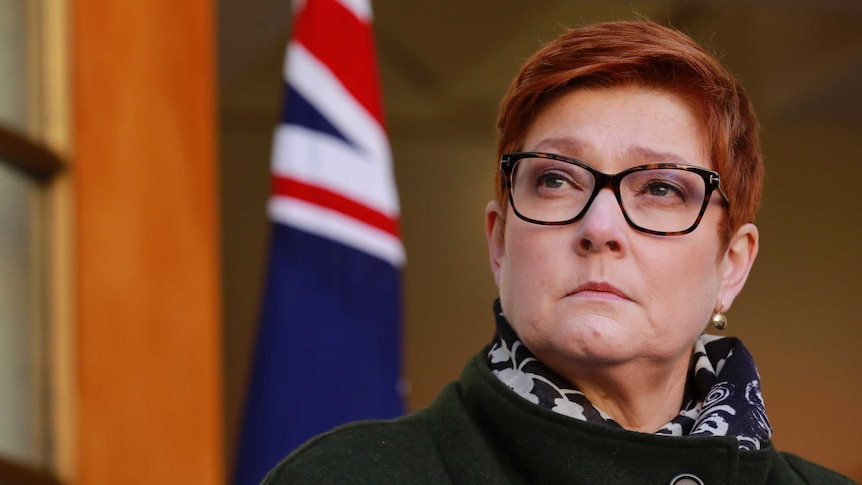 Marise Payne looks into the distance with an Australian flag behind her