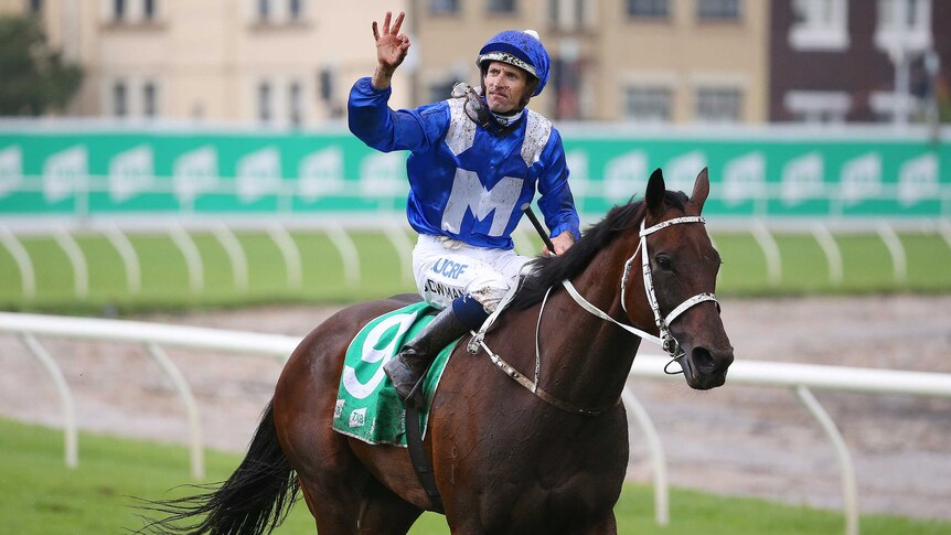 Hugh Bowman gestures after winning the Chipping Norton Stakes on Winx