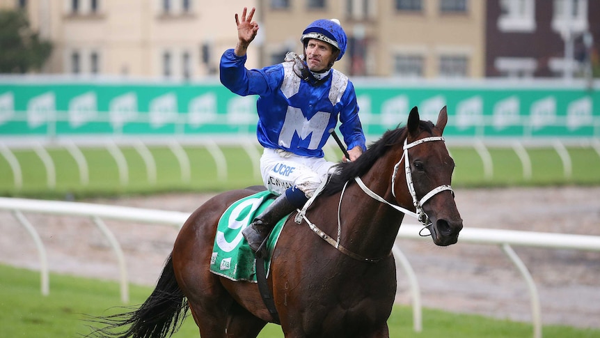 Hugh Bowman gestures after winning the Chipping Norton Stakes on Winx