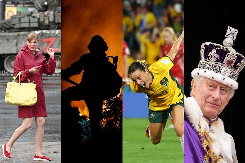 A composite image showing a woman walking, a firefighter, a female soccer player and King Charles.