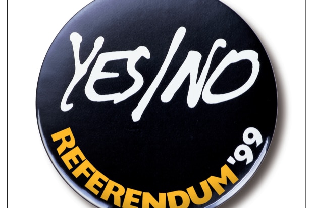 A screenshot of a "Yes/No Referendum '99" graphic on a brochure, which is illustrated to look like a badge or pin. 