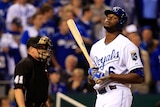 Frustrating night ... Lorenzo Cain reacts after striking out for the Royals