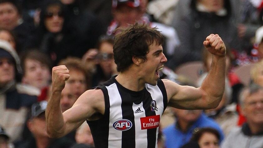 Flexing their muscles...Steele Sidebottom was one of nine Magpies to score in the big win.