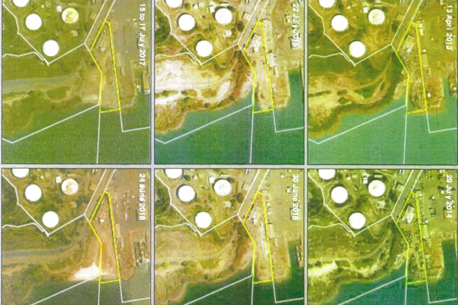 Satellite images of an altered shoreline due to alleged illegal dumping