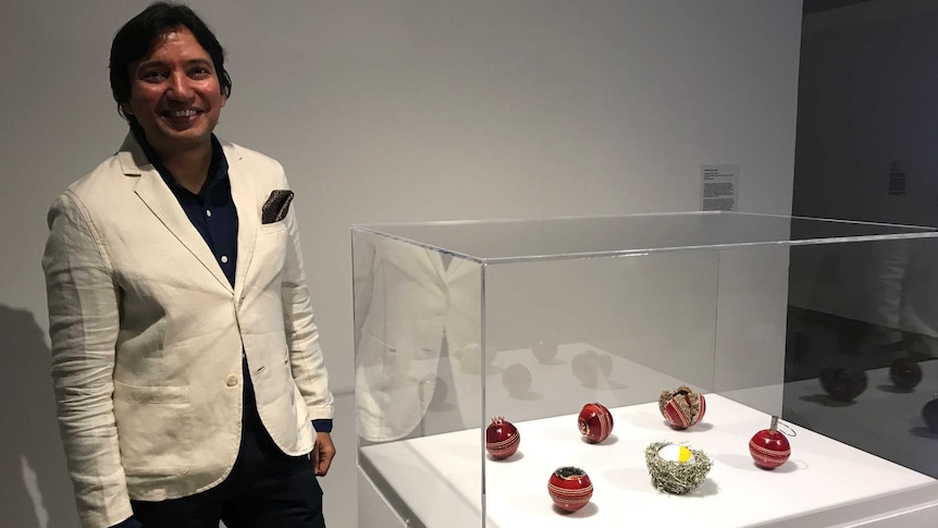 A man stands next to a glass case with modified cricket balls in it.