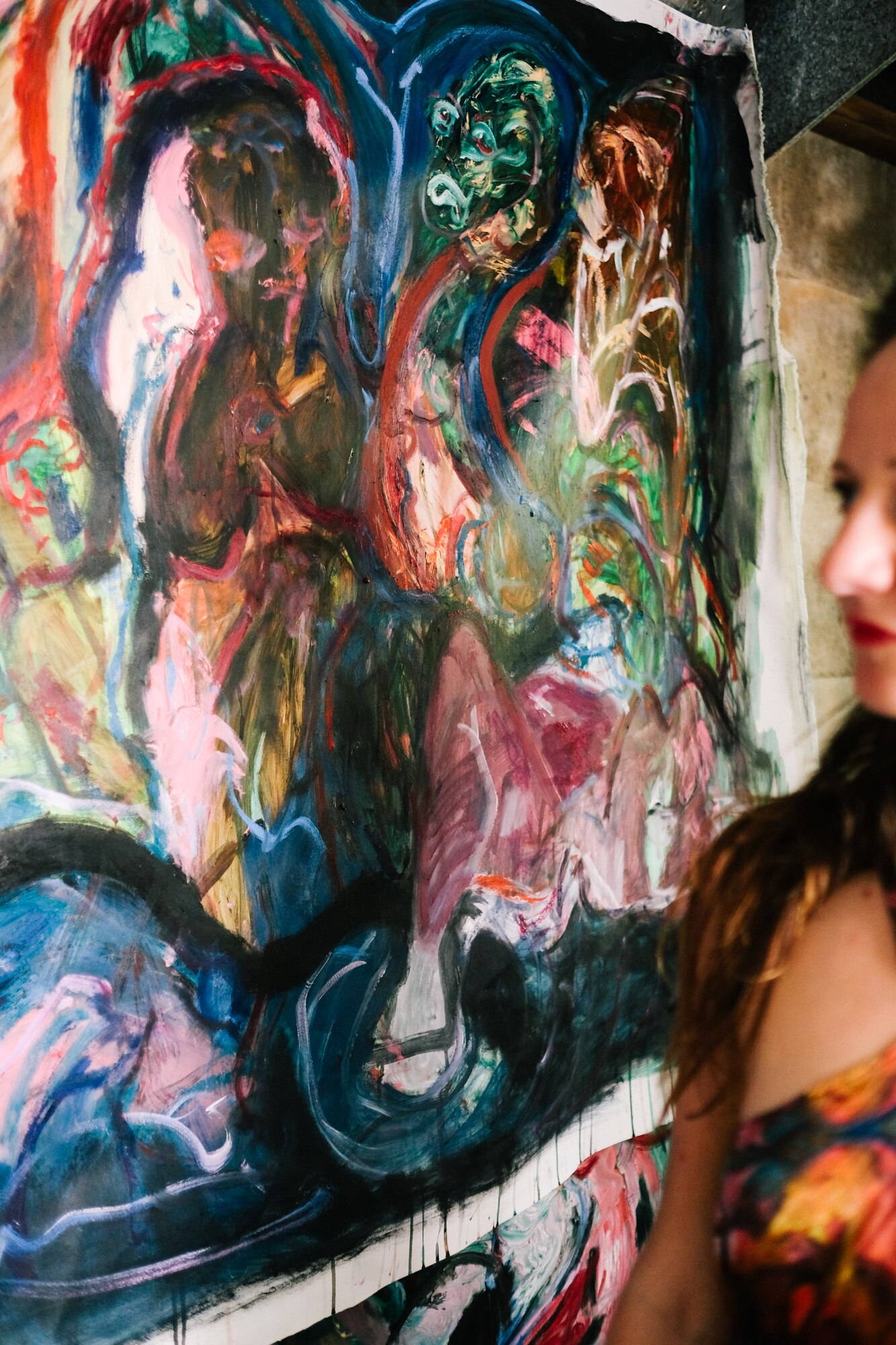 A painting in Walker's studio, the colours are dark, shapes abstract, and it has a strong moody feeling.