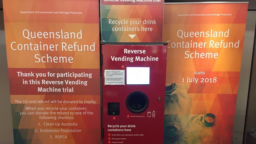 Advertising material for the Queensland 'reverse vending machine' for container deposit refunds and an example of the machine.