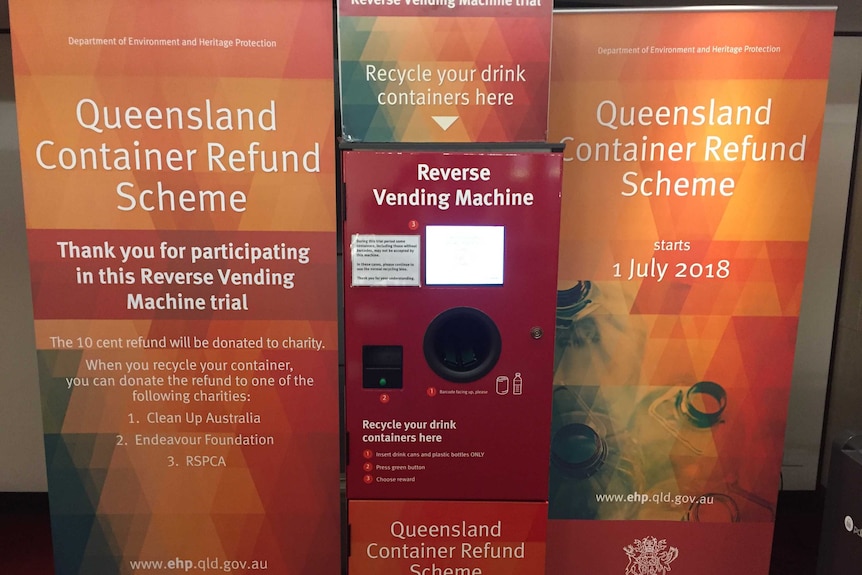 Advertising material for the Queensland 'reverse vending machine' for container deposit refunds and an example of the machine.