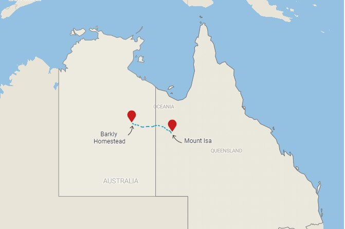 A map showing the distance between Barkly Homestead in outback NT and Mount Isa, Queensland