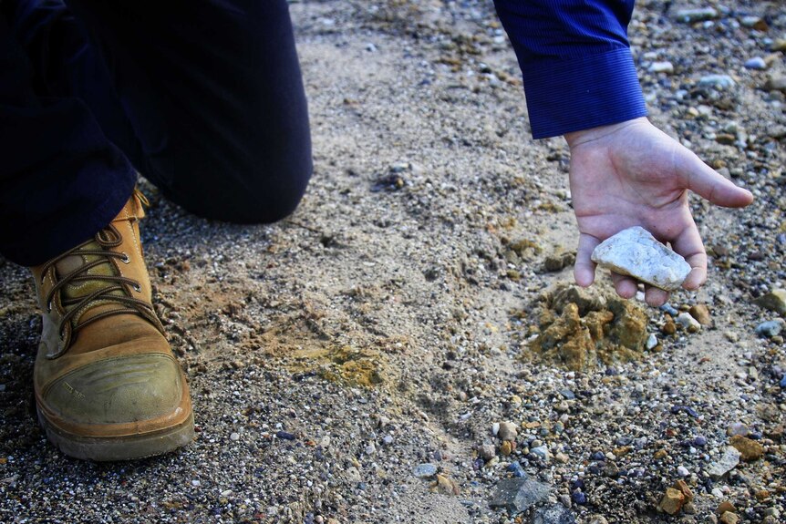 Male hand holds a rock at the gravel-surfaced Queenstown oval, Tasmania