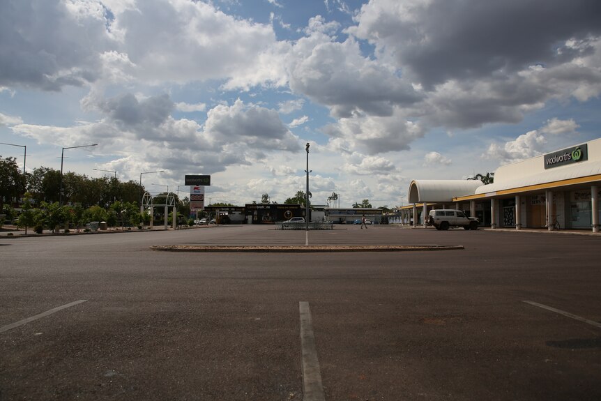 An empty carpark outside the Woolworths supermarket in Katherine.