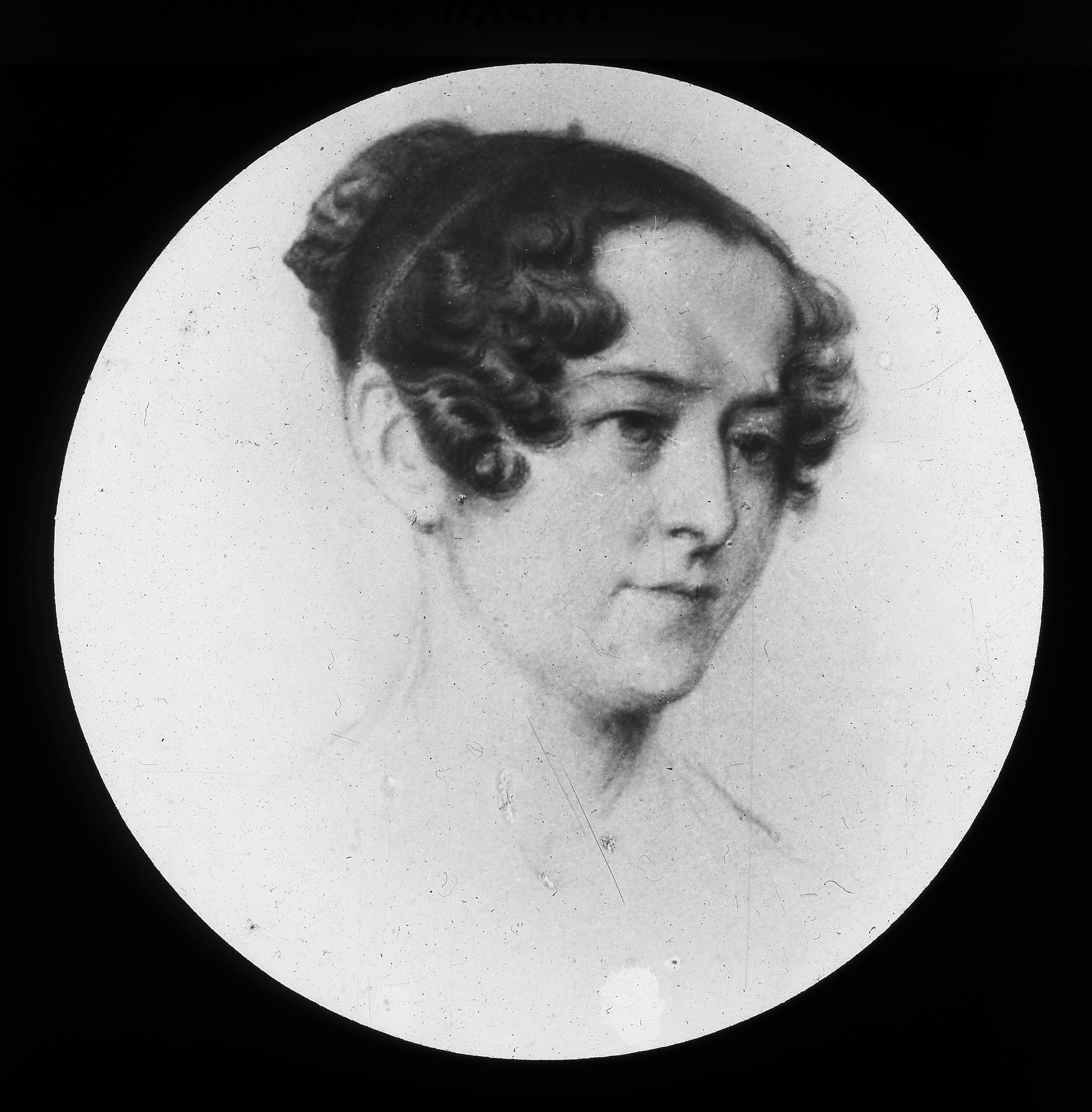 a black and white drawing of a woman with dark hair from the 1830s