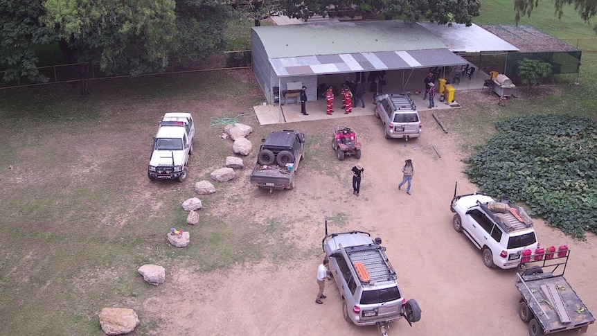 Aerial shot of shed and emergency crews at a station where Ruben went missing.