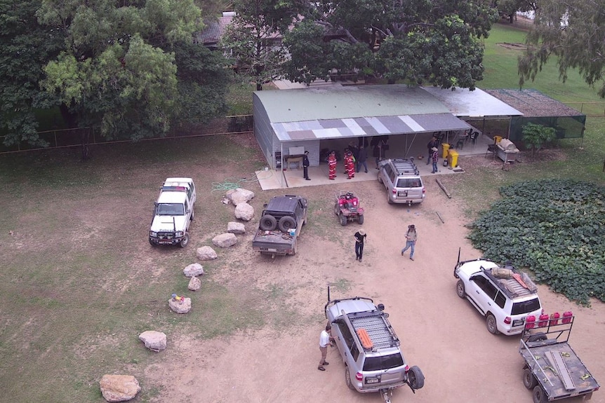 Aerial shot of shed and emergency crews at a station where Ruben went missing.