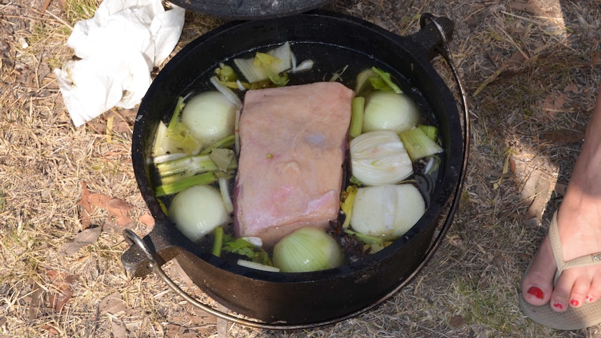 Corned meat in the camp oven