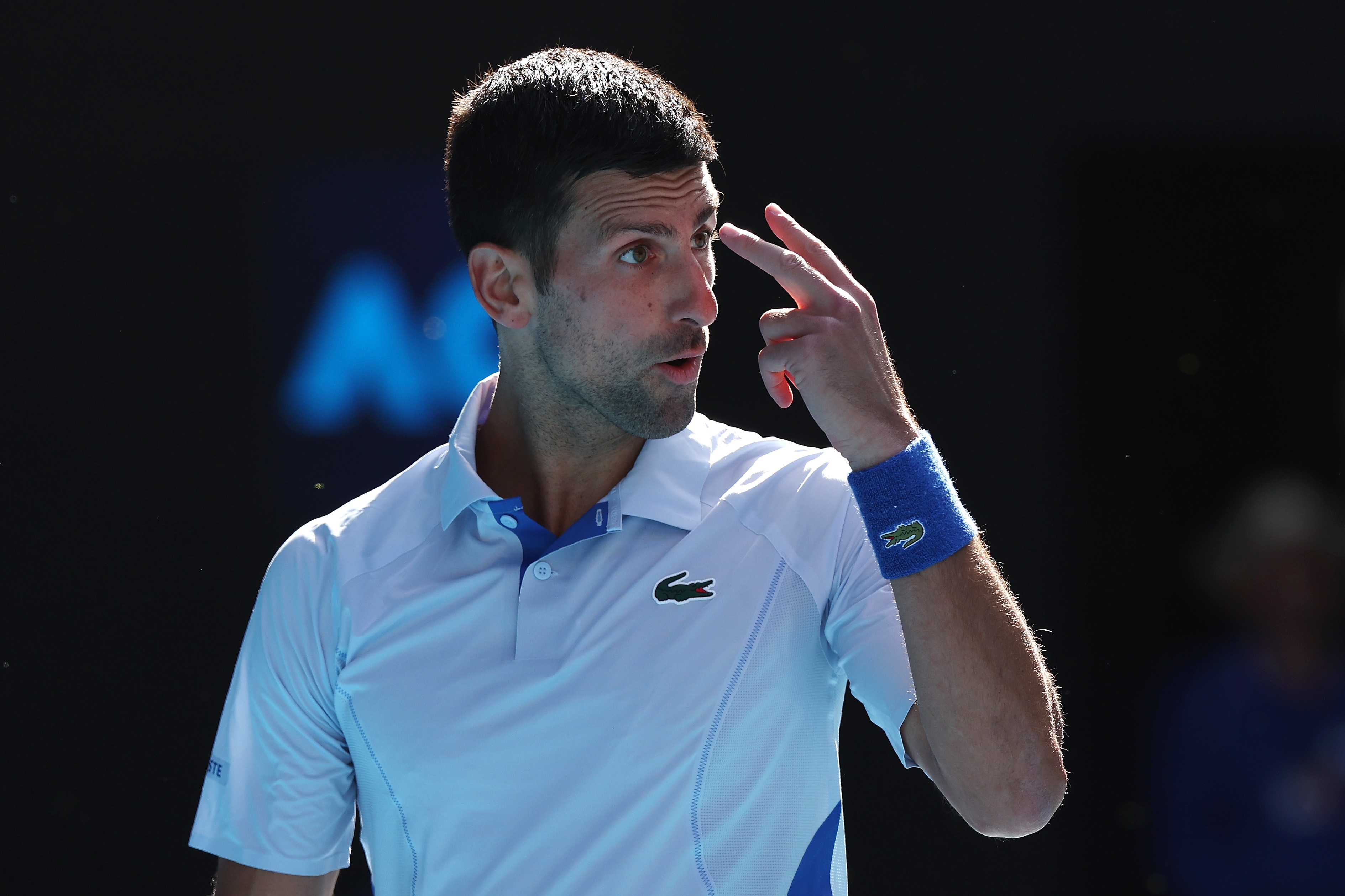 Novak Djokovic reacts during Australian Open semifinal loss to Jannik Sinner.