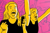 Two illustrated young women scream at a concert, having the time of their lives.