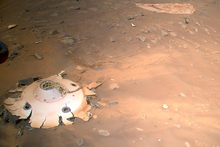 The wreckage of the pod, splayed out like a flower. Closer, you can see the pod was white, now covered in red dust