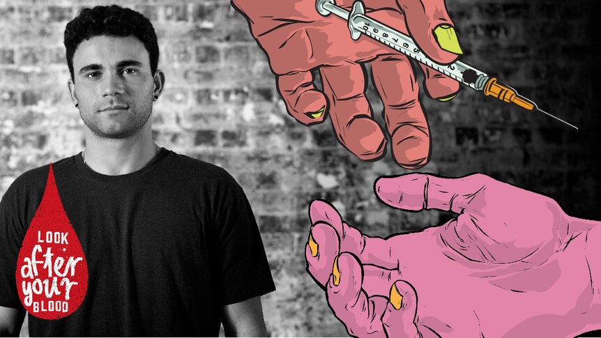 A man stands next to cartoon hands holding a syringe . 