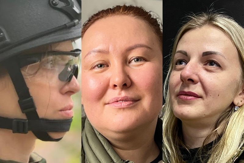 A composite of three women, one wearing a helmet, the other wearing a jacket and the a blonde woman staring off camera.