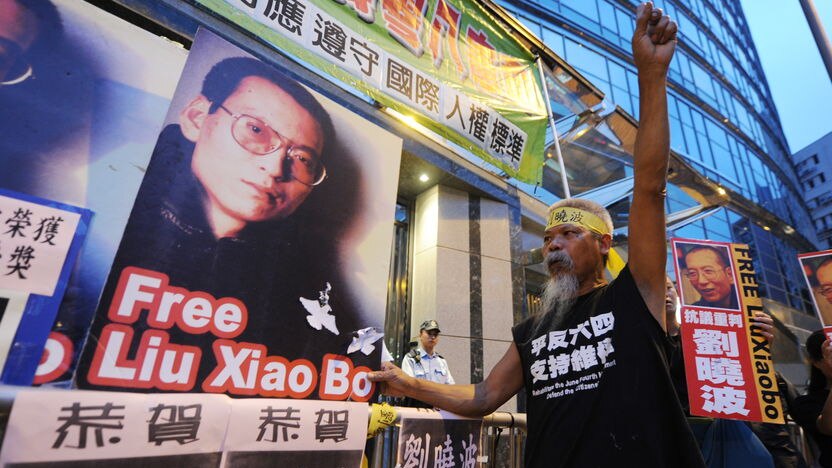 Protesters demonstrate to free Liu Xiaobo (AFP: Mike Clarke)