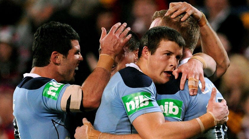 The Blues celebrate Ben Creagh's try during game three of State of Origin