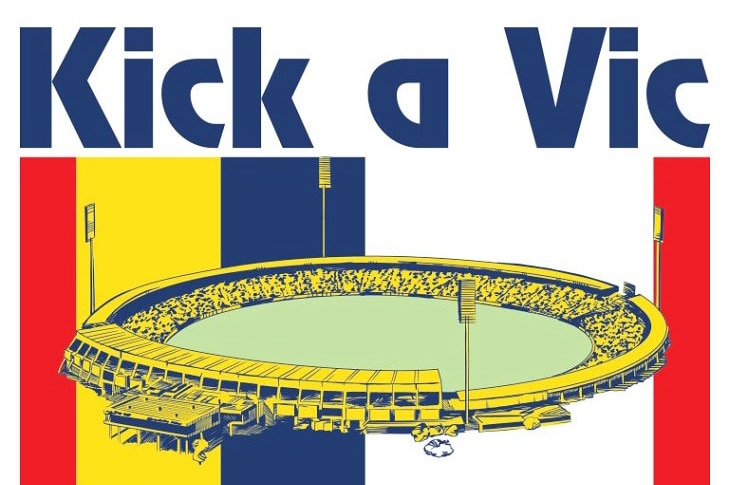Picture of a logo featuring Football Park in SA with red, yellow, blue and white vertical stripes and the slogan 'Kick a Vic'. 