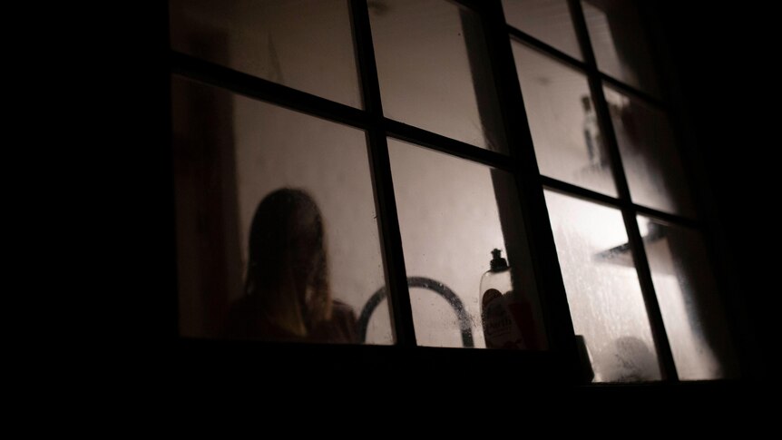 Unidentifiable woman stands at kitchen window.