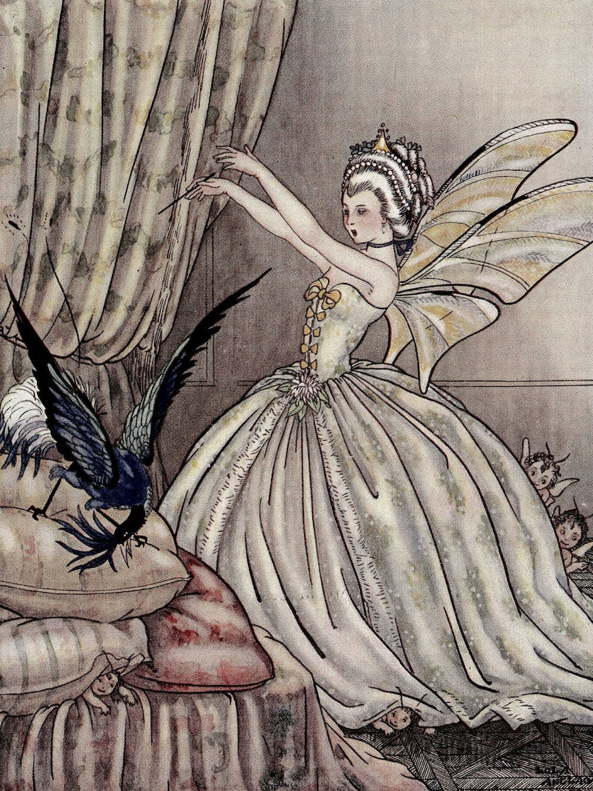 A drawing of a woman in flowing dress with wings, with arms in the air waving a wand towards a black bird.