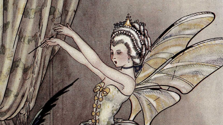 A drawing of a woman in flowing dress with wings, with arms in the air waving a wand towards a black bird.