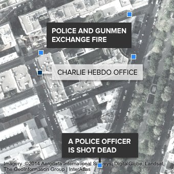 Overhead image showing the location of the Charlie Hebdo shootings and exchange of fire with police.