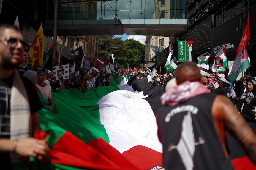 Large Palestinian flag unfurled at Sydney protest