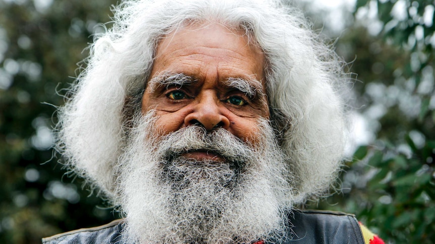Jack Charles with white hair and beard stares down with green trees in background.