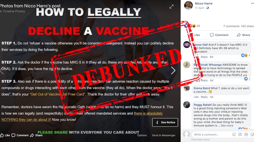 Facebook post claiming steps to legally decline a vaccine with a large debunked stamp on top