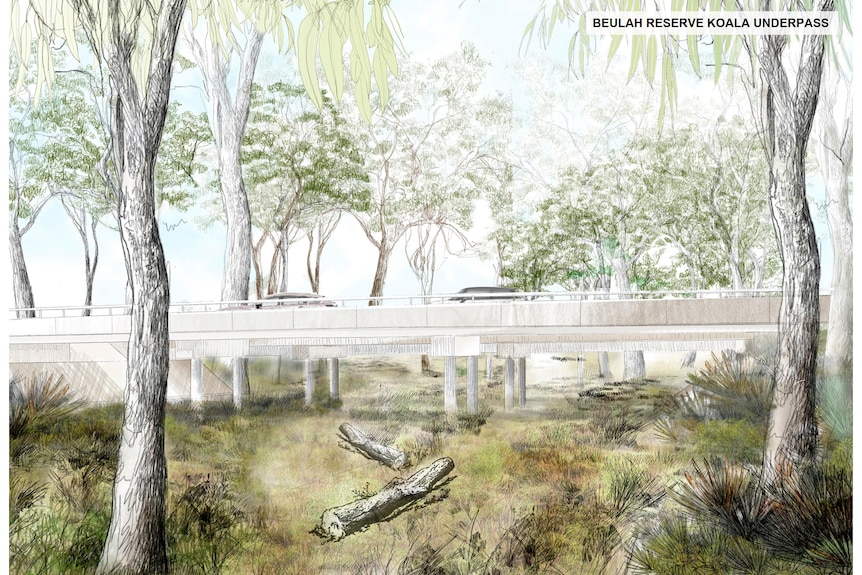 Watercolour of trees with a car on a bridge and wildlife underpass running underneath