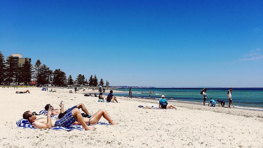 People sunbaking at Glenelg Beach.