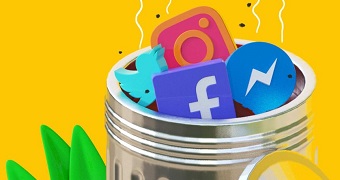 3D illustration of social media platform logos in garbage bin with stink lines representing the negative effects of social media