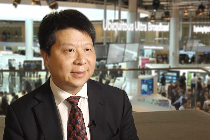 Screenshot of Huawei's rotating chairman Guo Ping giving an on-camera interview.