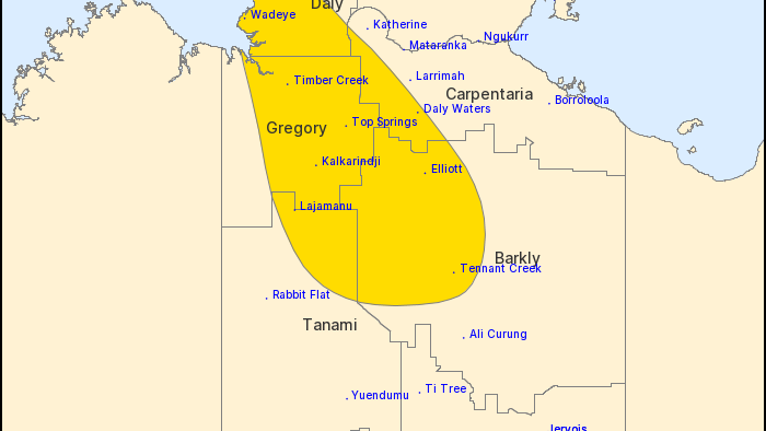 A map showing the warning zone for much of the northwestern NT for heavy rain.