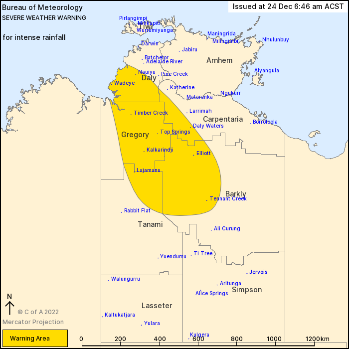 A map showing the warning zone for much of the northwestern Northern Territory for heavy rain.
