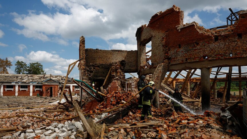 A destroyed building, seen from nearby