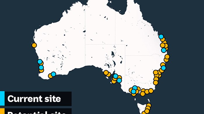A graphic map showing potential reef regeneration sites dotted around Australia's coast.