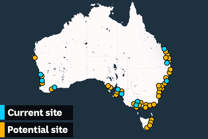 A graphic map showing potential reef regeneration sites dotted around Australia's coast.