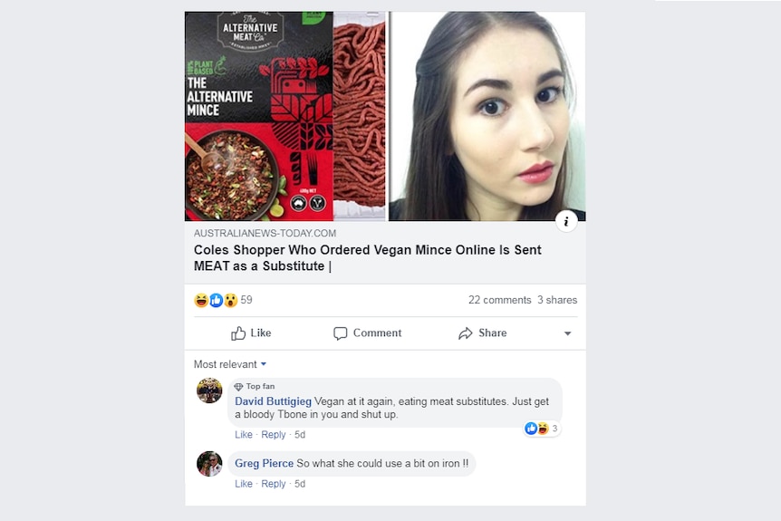 Facebook post including a composite image of a closeup of woman's face and packet of vegan meat